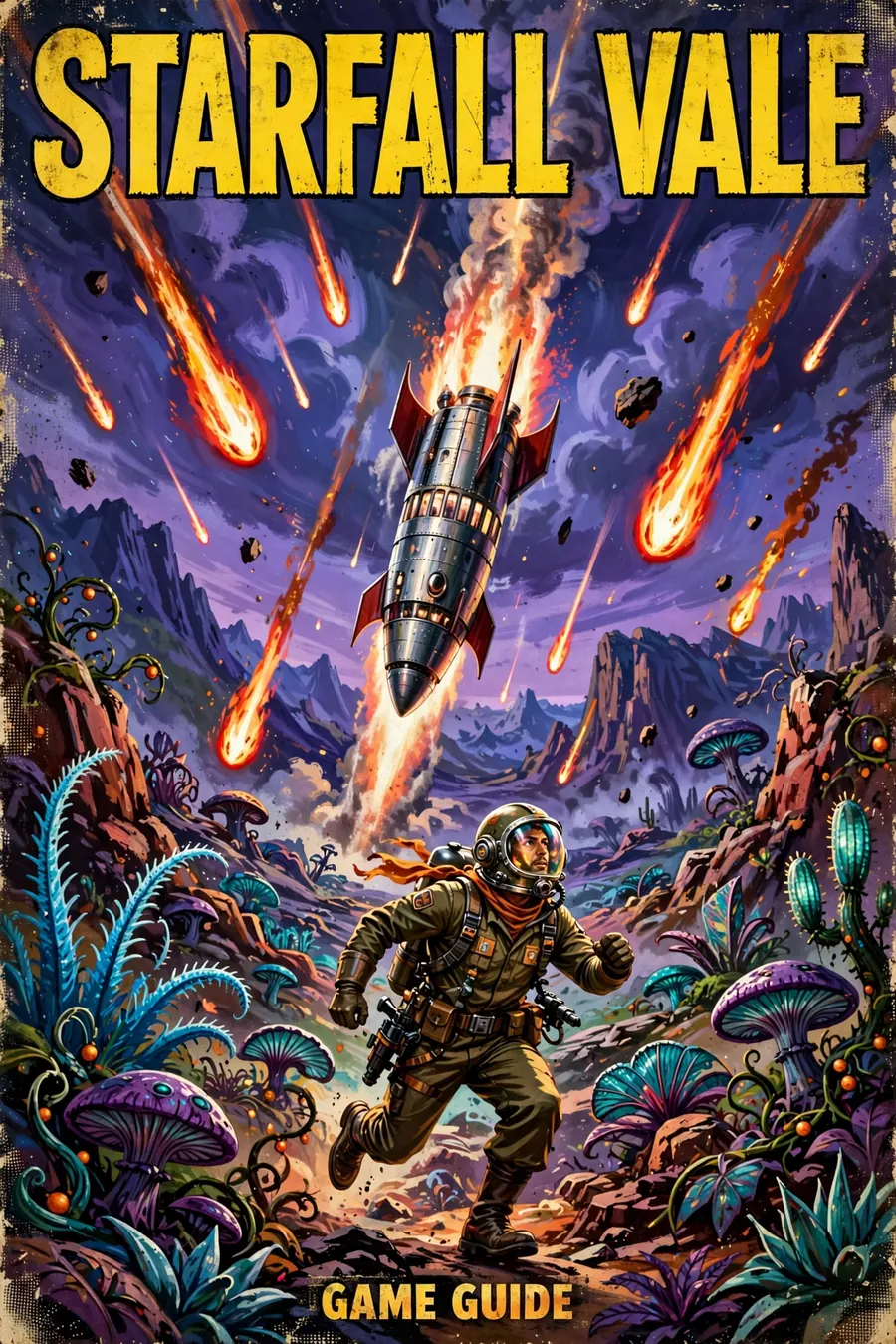 An invented game, Starfall Vale, illustrated as a 1940s pulp science-fiction magazine cover