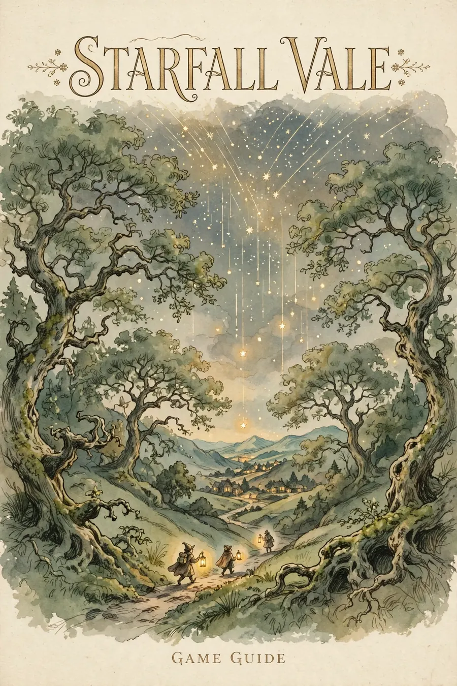 An invented game, Starfall Vale, illustrated as a golden-age storybook watercolor cover